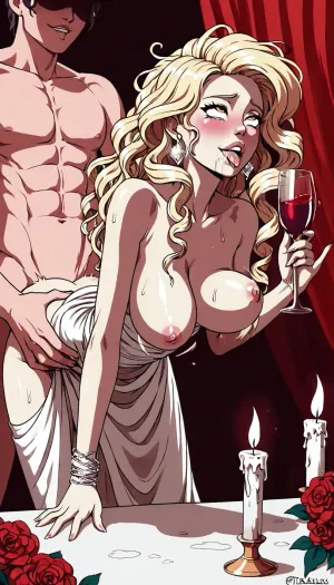 beautiful blonde girl holding a glass of red wine, surrounded by the soft glow of candles and a cozy atmosphere. Bent over an elegant table with a white tablecloth, decorated with luxurious flowers, intense anal sex, mid-motion shot, head down, bouncing breasts, holding her waist, motion blur, She radiates elegance and tenderness, long curls frame her face, biting her lips, ahegao, ratatatat74, <lora:ratatatat74-000050:.8>, <lora:NEOTOKIOXL_0.2_RC:.8>, <lora:outline_xl_kohaku_delta_spv5x:.8>, lineart, line, art, flat, colors, color, <lora:lineartSDXL:.8>