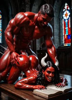 1girl, prone ass up on table, gorgeous demon woman, (red skin, oiled skin), white horns, bared her fangs in a grin, long sharp claws, 1boy, human priest, (huge dick, long dick, intense anal sex, motion blur, slap, trembling), church, books, candles, pentagram, stained glass windows with angels, NEGATIVE_HANDS, <lora:dark:.8>