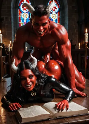 1girl, prone ass up on table, gorgeous demon woman, (red skin, oiled skin), white horns, bared her fangs in a grin, long sharp claws, succubus outfit, 1boy, human priest, (huge dick, long dick, anal sex), church, books, candles, pentagram, stained glass windows with angels, NEGATIVE_HANDS, <lora:dark:.8>