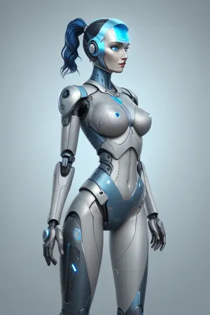 full body image with a solid pale blue background, ultra hd, high detail, ultra realistic, sci fi, noir, front view, 3/4 side profile on left side, 3/4 side profile on right side, rear view, cyborg sex robot standing with her legs wide open, no bra, no hair, althetic body, helmet and red visor, tribal tattoos over her whole body, hand on hips, (((small chest))), visually accurate, Fixhand, badIrisNeg
