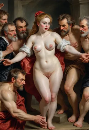 (Peter Paul Rubens Style:1.5), (Suzanna and the elders painting), A Peter Paul Rubens painting depicting a gorgeous, wonderful, delightful and frightened woman, naked, and 3 old, fully clothed, men bothering her, <lora:Peter Paul Rubens Style:1.3> (Peter Paul Rubens Style:1.5), (Suzanna and the elders painting), A Peter Paul Rubens painting depicting a gorgeous, wonderful, delightful and frightened woman, naked, and 3 old, fully clothed, men bothering her, <lora:Peter Paul Rubens Style:1.3>