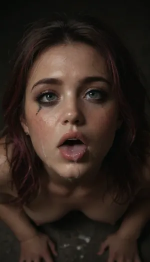 (only girl), (solo), (t33n), (no penis), (dark makeup), (Top-down view), (The head is raised), (Looks up), (only head), (very t1ny face, v3ry young face, very cute face, Bаby face, Freckles, much Freckles, Acne, much Acne, green eyes, pink hair color, very long hair, lush hair, small nose, cute nose, Plump lips, Big lips, Thick eyebrows, Plump eyebrows, pink eyebrows, Dyed eyebrows, Ruined makeup, Ruined, makeup, Crying makeup, Sticking tongue, saliva on tongue, split on tongue, Slobbery tongue, saliva in mouth, split China, Rolled eyes), (ahegao), (ahegao eyes), (orgasm face), (tongue), (Rolled), (open mouth), (split), (slobbery), 1girl, bukkake, cum, <lora:dark:.5>, <lora:Sweaty_Realism_4-000006:1>, <lora:add-detail-xl:1.4>, <lora:MS_Real_XL_Bukkake:2>, dark, futuristic, <lora:275849_training_data:.8>