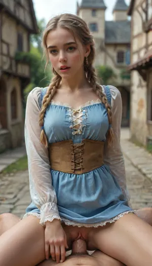 Huge clothes medieval male warrior fucking skinny blonde peasant in torn dirty medieval clothes, up skirt, blue bow in her hair, braids, she is moaning, vaginal sex, (hairy pussy:.8), village with old thatched roof houses, castle in background, (full bodies:.5), photorealistic, masterpiece, <lora:MJ52:1>, <lora:SDXL_BetterFaces-LoRA_v1:1.5>