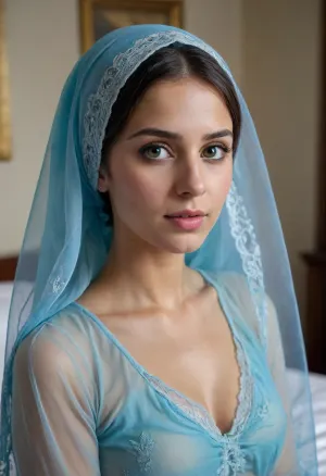 Delicate facial features, very beautiful, cute, modest, thin Muslim woman, Muslim woman 18 years old, standing in the bedroom, Muslim woman in blue thong, in transparent vulno nightgown, stockings, stockings fastening, on her head a blue Muslim transparent headscarf, delicate facial features, on her face a transparent veil, transparent veil on her face, face covered with a transparent veil, kneeling in the room