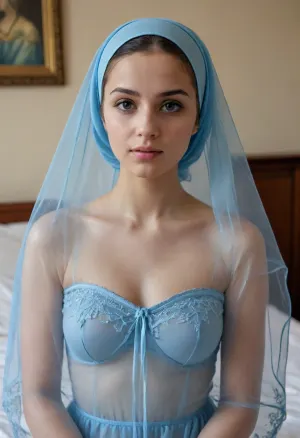 Delicate facial features, very beautiful, cute, modest, thin Muslim woman, Muslim woman 18 years old, standing in the bedroom, Muslim woman in blue thong, in transparent vulno nightgown, stockings, stockings fastening, on her head a blue Muslim transparent headscarf, delicate facial features, on her face a transparent veil, transparent veil on her face, face covered with a transparent veil, kneeling in the room