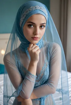 Delicate facial features, very beautiful, cute, modest, thin Muslim woman, Muslim woman 18 years old, standing in the bedroom, Muslim woman in blue thong, in transparent vulno nightgown, stockings, stockings fastening, on her head a blue Muslim transparent headscarf, delicate facial features, on her face a transparent veil, transparent veil on her face, face covered with a transparent veil, kneeling in the room, hijab