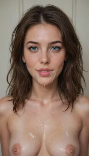 super close shot of bukkake, (viewed from side), happy open smile, hd detailed dark grey/green/blue coloured eyes and iris, ((fluffy long wet hair)), long runny thick cumshots, facial portrait picture of her face in cum facial, with natural minimal makeup, (looking at viewer), a lot of Cum on her face and between her perky saggy pointy medium wide_set pert breasts, (huge perky puffy areola and long thick conical extra puffy nipples visible), cum on her eyelashes, Cum on her eyelids, Cum on her cheeks, her face covered with Cum, Cum on her pink lips. cum on her hair, cum in mouth, (brunette haired, aged 37, older, 37yo), woman, cum, on, face, facialized, superfacialized, <lora:JustCum:1.4>, <lora:facialized:1.4>