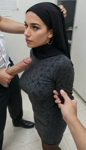 ultra detailed, realism, from above, submissive short, solo_focus, stands, legs, feets, arched back, 25 yo short, perfect natural round heavy big breast, chocker, dynamic pose, black patterned stockings, marocan girl, in an office, hijab dress, flirts, acts like a whore, huge mans standing near her, groping her, between two mans, massive dicks, masturbates, horny mans, impatient mans, hands touch grab pull tug, hair pull, burqa, style, <lora:TG_Body_XL:.5>, <lora:burqa burka style v1:.5>