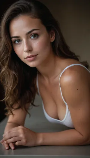"A highly detailed, ultra-realistic portrait of a 22-year-old young brunette woman with deep brown eyes. detailed eyes, thin eyebrows, no makeup, long natural brown hair with sidelocks, (very cute girl), ((well build body)), Muscular, (narrow waist), (flat stomach), realistic body proportions, perfect anatomy, good hands with perfect fingers, gymnastic legs, thigh gap, big breasts, erected nipples, small lips, lots of freckles face and skin, blush on the checks and nose, (raised nasal tip, upturned button nose, upturned nose, delicate nose, nose), very sexy horny smile, loving eyes, ((face down ass up)), (((view from ass side))), beautiful very cute, long wild brunette hair with sidelocks, ((very dark tanned)), (perfect face), perfect eyes, high detail, Her long, wavy dark brown hair is left open, cascading naturally over her shoulders, with a few strands softly framing her well-defined face. She is wearing an white tank top, Huge XL breast, sitting at a table, leaning forward slightly with one hand delicately touching her chin. Her expression is soft and contemplative, exuding a confident yet mysterious charm. The background is dark and blurred, creating a cinematic depth that enhances her striking features. The lighting is moody and warm, casting soft shadows that highlight her high cheekbones, full lips, and smooth white skin with a warm undertone. High-definition textures, natural skin tones, and hyper-realistic details ensure a stunning and captivating look."