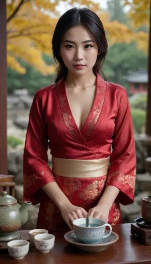 8k, best quality, (masterpiece), (intricate details), perfect eyes, perfect face, perfect lighting, beautiful, high detail, octane render, detailed eyes, facing the camera, (gorgeous asian woman oversees a tea ceremony, traditional chinese dress, unbuttoned, breasts exposed), autumn garden, bokeh