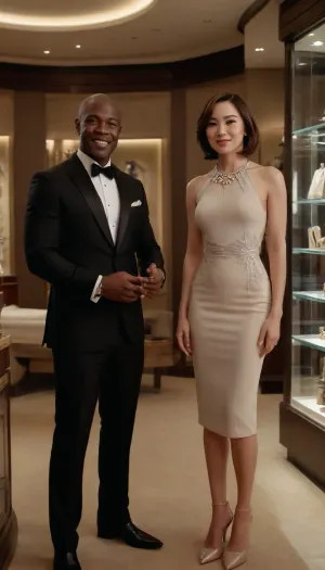 4K, fond, Louis Vuitton, propose, fullbody shot, Luxury glass display case, smile, dutch angle, luxury jewelry shop, boy give to women diamond ring, woman selection diamond ring, casual, luxury gorgeous sheath dress, ultra-detailed, beautiful bob cut brunette hair, ((Ultimate realistic photo)), ((detailed face)), (60yo Korean gorgeous grand woman and African muscular man), suit, necklace, professional photoshoot