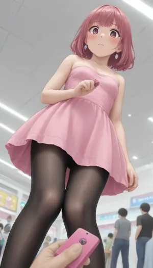 Look a viewer, view from below, from below, frown, knees together feet apart, hands covered crotch, embarassed, Black pantyhose, standing, in mall, (Comfyui with controlnet), Model, pink remote controller, control, holding, pov, shocked, nonplussed, strapless, tube, dress, bodycon, <lora:crowd_notrigger:.8>, <lora:remocon_SDXL_V2:.8>, <lora:shocked:.8>, <lora:Plain_tube_dress:.8>, <lora:Spider-Gwen:.8>