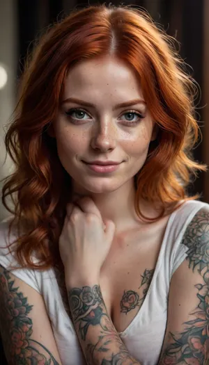girl • woman • smile • model • tattoo • redhead • tattoos • female • shirt • freckles, <lora:SDXLFaeTastic2400:.8>