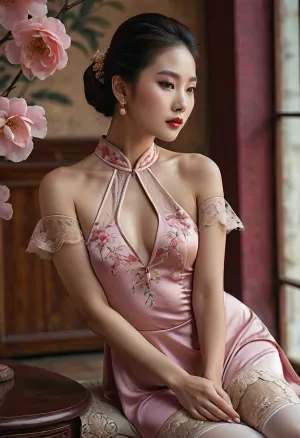 A stunning Asian woman with flawless porcelain skin and delicate facial features, including soft, natural eyebrows and subtle pink blush enhancing her cheeks. Her eyes are almond-shaped, adorned with expertly applied light eye makeup featuring soft brown eyeshadow and perfectly winged eyeliner, complemented by long, fluttery lashes. Her lips are full and painted with a rich berry-red lipstick, adding a touch of elegance.

Her hair is styled in a loose, elegant bun at the nape of her neck with gentle waves softly framing her face, adding softness and sophistication to her overall look.

She poses gracefully with one knee bent and foot resting on a lace-covered table, her body angled sideways to emphasize the curves of her figure. She holds a delicate, pale pink folding fan partially open in front of her face, suggesting mystery and charm.

Her outfit consists of a silky, pale pink cheongsam-style dress with intricate floral patterns softly embossed into the fabric. The dress features a high mandarin collar and short sleeves, with daring lace-up cutouts along the side, revealing smooth skin beneath. She pairs this with sheer, white fishnet stockings that extend to mid-thigh, adding a delicate contrast.

The setting includes soft, warm natural light streaming through a window, casting gentle reflections and highlights on her skin and the shiny fabric of her dress, creating a luminous and ethereal atmosphere. The background is softly blurred in neutral beige tones with subtle lace textures, maintaining focus on her elegance and the fine details of the outfit, hair, and makeup.