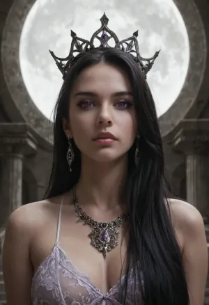 Shar, goddess of darkness and loss from Forgotten Realms, mysterious and terrifyingly beautiful, tall and commanding divine figure with an aura of shadow. Pale flawless skin with a faint violet hue, long flowing raven-black hair that moves like living shadow, piercing violet eyes glowing with cold intensity. Wearing flowing black and deep purple robes adorned with silver runes, shadowy tendrils swirling around her form. A crown of dark crescent moons above her head, black aura radiating void-like energy. Standing in a temple of shadow with obsidian pillars and starless night sky, contrasted only by faint moonlight. Highly detailed, ultra-realistic dark fantasy art, cinematic divine atmosphere, ominous and majestic.