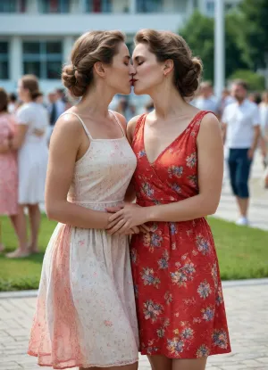 two women 30 years, the USSR times, in summer dresses, resort in Sochi, embrace and kiss, lesbian, (photo 4K high expansion, good quality)