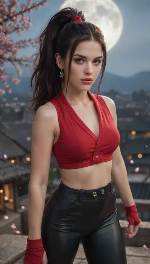 score_9, score_8_up, score_7_up, RAW photo of 1girl, anime-style illustration of a young woman inspired by Rei from Ninja Gaiden, (1988), faithfully reimagined in her canonical kunoichi assassin design. She has long, raven-black hair tied in a high ponytail, sharp, crimson-red eyes, and a fierce, focused expression. Her detailed face features flawless, pale skin, delicate yet strong features, and deep, scarlet lips. The detailed eyes burn with intensity and determination.
She wears her iconic form-fitting black-and-red ninja outfit, including a cropped top, tight leather pants, and shinobi tabi boots, crouched on a rooftop in the dead of night. The background reveals a full moon casting shadows, cherry blossoms drifting in the wind, and the silhouette of a rival ninja clan lurking below, a seductive, deadly tribute to the classic NES kunoichi, blending lethal grace with retro ninja mystique, (cowboy shot), (half body view), (upper body view)