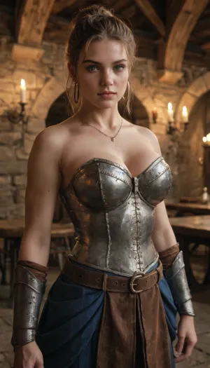 Imoen from Baldur’s Gate, cheerful and adventurous young thief-mage companion, slim and athletic build with an approachable beauty. Fair skin, bright blue eyes full of curiosity, long wavy light reddish hair tied back with loose strands framing her face, playful yet determined expression, large bimbo breasts. Wearing her iconic adventurer’s outfit, practical leather armor with light cloth accents, belt with pouches. Subtle arcane glow around her hands, hinting at her mage training. Standing in a medieval fantasy setting, candlelit tavern, ancient dungeon corridor, or grassy battlefield under a moonlit sky. Highly detailed, ultra-realistic high fantasy art, vibrant yet gritty atmosphere, cinematic lighting.