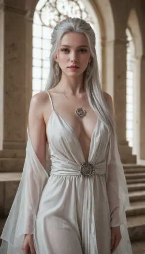 Crysania Tarinius from Dragonlance Legends, stunningly beautiful human cleric of Paladine, tall and elegant with a slender build, pale flawless skin, long flowing silver-white hair, and piercing gray eyes that radiate wisdom and compassion. Wearing flowing white clerical robes embroidered with silver trim and holy symbols of Paladine, a silver medallion of faith resting at her chest. Standing in a grand temple bathed in shafts of divine light, her hands raised in prayer as radiant energy glows around her. Ultra-realistic high fantasy art, highly detailed, cinematic divine atmosphere, serene yet powerful presence.