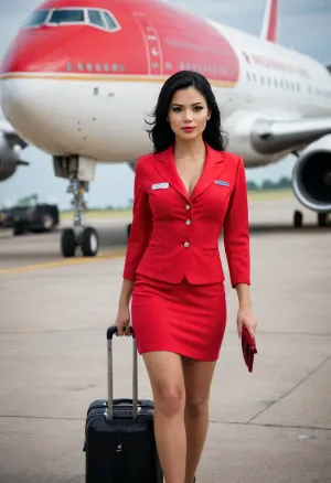 25 year old, gorgeous latin american female, black hair, large breasts, petite body, tiny waiste and hips, red flight attendant uniform, walking towards jumbo jet, pulling small suitcase, close up