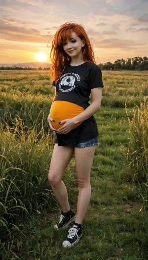 score_9, score_8_up, score_7_up, score_6_up, photo, grainy, amateur, lowres, 2000s nostalgia, webcam photo, 1 young emo ginger haircut woman, perfect eyes, very voluminous hair, 1 girl, small breasts, face focus, perfect hands, sggirl, emo, pale, cold, lighting, DEN_emily_bloomMK2, (love and happy expression), standing, pregnant, wearing casual clothes with gumshoes and black t-shirt, photographic, high quality, (in a field:1.4), (tall grass:1.4), (sunrise:1.4), detailxl, <lora:SG_emo_girl_SDXL:.7>