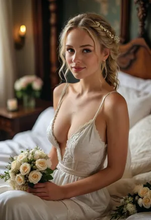 Sexy bride, blonde hair, plaited hair, firm tits, Deep neckline, seductive smiling, Wedding Night, sitting on a Four Poster bed, flowers, (highly detailed, masterpiece, best quality), <lora:MJ52:.8>