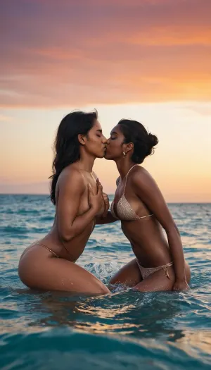 Lesbian couple, 1 indian dark skin, having oral sex pussy licking pussy deny, kissing the pussy of 1 italian girl 20 yo, (futanari), full body view, full body shot, natural sex pose, natural lighting, soft cozy lighting, intimate lighting, ultra detailed, highly detailed, masterpiece, happy and funny, raven black, in the ocean, peaple looks to them