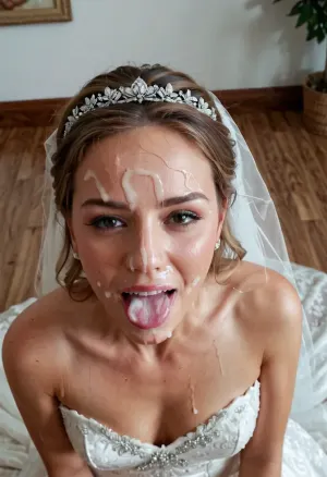 3/4 body shot of happy woman wearing wedding dress with cum on her forehead, facial, <lora:Facials:.5>, open mouth, (cum in mouth:1.3), <lora:JustCum:.5>