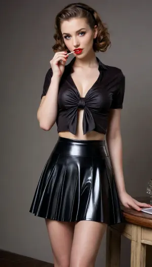 Photorealistic, young woman with pigtails and licking a lollipop, (((cleavage))), (((blouse in knot, black shiny latex pleated skirt, knee socks, strappy shoes))), (bellybutton ring, nose ring), (perfect hands), (perfect fingers), (((beautiful face, stunning, gorgeous, natural face))), (((realistic face))), With a striking, angular structure, her face carries an intensity that captivates and commands attention. Her high cheekbones stand out, creating sharp, defined lines beneath her eyes. The contours of her face are accentuated by her slender jawline, which tapers into a pointed chin, giving her an almost ethereal, otherworldly quality. Her skin is pale, often with a subtle, natural glow, emphasizing the cool undertones in her complexion.

Her eyes are large and almond-shaped, often highlighted with a smoky or muted makeup style that enhances their deep, reflective quality. They convey a sense of mystery, sometimes appearing intense and brooding, at other times soft and introspective. Her eyebrows are well-groomed, arched but not overly defined, providing balance to her face's sharp features.

The nose, narrow and slightly angular, complements the overall symmetry of her face, adding to its stark beauty. Her lips are moderately full, with the top lip having a distinctive, well-defined Cupid's bow. When she smiles, it’s subtle, often carrying a hint of mischief or vulnerability, adding an intriguing complexity to her expressions.

A sense of quiet strength emanates from her face, balanced by moments of vulnerability that make her appear both elusive and approachable. There’s a certain rawness to her features, a mix of youthful charm and mature gravitas, making her look timeless yet contemporary. Whether in repose or mid-expression, the energy in her face seems to shift, offering layers of depth that are as captivating as they are enigmatic.