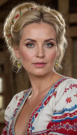(4K UHD ultra-detailed RAW photo), high detailed, 8k, (photorealistic:1.7), 45 yo peasant seductive woman in hayloft, ((milf:1.4)), (wearing Ukrainian summer national costume, Embroidery), ((voluminous blonde updo haircut)), ((makeup:1.5)), plump, skindentation, chubby, bbw, venus, body, big, breasts, ass, <lora:Chubby BBW - XL:.5>