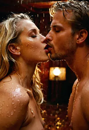 Create a breathtaking 8k high resolution full-body photograph. A romantic kissing Szene, a blonde horny, athletic woman with small hard tits and a guy are kissing each other. Lips are touching each other's lips. facial expressions are wild and horny. Camera Closeup to both mouths. A lot of wet cum is running out of both mouthes on the floor. Both faces are full of cum. Swapping cum. Camera is in the floor, 3/4 angle