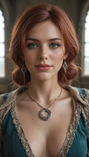 Beautiful Triss Merigold, Nilfgaardian Captivity, (The Witcher 2, Assassins of Kings), Design a costume for Triss Merigold, a tattered gray robe with a torn cloak, Include a silver amulet and disheveled hair, POV, turning her head towards the viewer, looking at the viewer, huge natural bust, indoor background, lustful smile.
