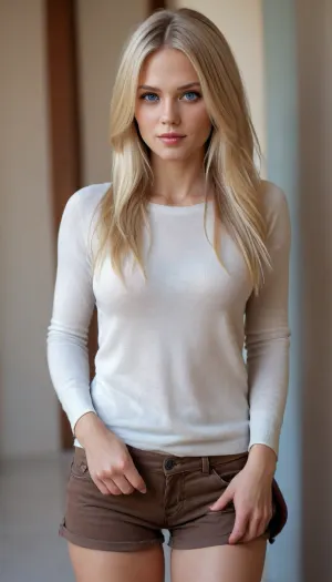 an, (extremely hot and sexy:1.7), 35yo woman. average-height stature and build would best be described as toned. fair skin and blue eyes, and, ((very long:1.5), blonde hair:1.5), (in a face-framing haircut:1.5), . wearing a tight thin white sweater, tight brown capris, brown sandals, and a brown backpack. style is boho., <lora:detailed_notrigger:1.5>