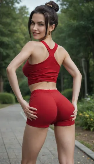 18 years old girl, azula, very-very long haer, red leather shorts, thigh gap, skinny, petite, tiny waist, red leather tank top, medium breasts, showing one nipple, downblouse, nipslip, bright blue eyes, pulling on shirt, cute smile, ahegao, showing ass, hand on ass, hands groping own tits, bent over forvard, back view, in the park, does yoga, random yoga pose