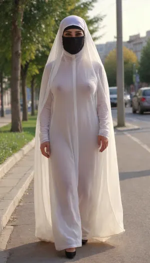 turkish mature walks in istambul, her pussy is ultra mega hairy, big muff, she wears platform high heels and a niqab with a see-through white abaya, lighting, sunny, bright, sex, detail, light, burqa, style, <lora:seethruv3_SDXL:1>