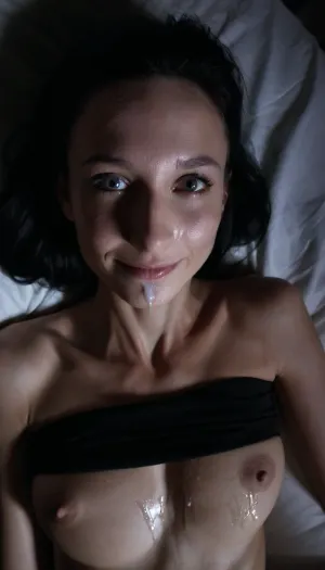 extremely beautiful and slender 25 year old goth cumbucket with big tits lying on the bed after a wild party, a gallon of thick cum has recently been poured over all of her body and face, portrait, from above, looking at the cam, lovely eyes, cute eyes, sexy eyes, sweet eyes, cute smile, tack sharp, ultra realistic, cinematic dark lighting, an interplay of light and shadows, artsy, high cheekbones, (skinny face), (long face), (long skinny nose), <lora:dark:.8>