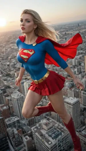 Supergirl, young adult and powerful superheroine, athletic yet feminine build, large bimbo breasts, shaved pussy, long blonde hair, piercing blue eyes, confident and determined expression. Wearing iconic Supergirl costume, blue fitted top with bold red and yellow 'S' emblem, red skirt, red cape billowing in the wind, red boots, golden belt, torn and ripped suit. Dynamic heroic pose, flying above a city skyline, bright sky and sunlight, cinematic, highly detailed, comic book style realism, epic atmosphere.