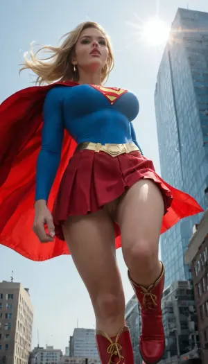 Supergirl, young adult and powerful superheroine, athletic yet feminine build, large bimbo breasts, shaved pussy, long blonde hair, piercing blue eyes, confident and determined expression. Wearing iconic Supergirl costume, blue fitted top with bold red and yellow 'S' emblem, red skirt, red cape billowing in the wind, red boots, golden belt. Dynamic heroic pose, flying above a city skyline, bright sky and sunlight, cinematic, highly detailed, comic book style realism, epic atmosphere. View from below, looking up.