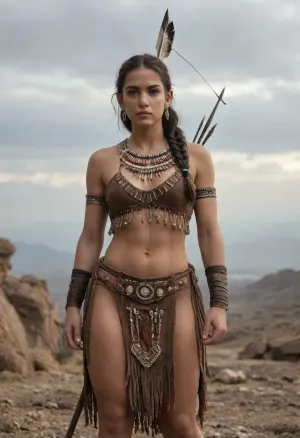 Fierce Native American female warrior, tall and athletic build, strong and graceful, intense determined expression. Long dark braided hair adorned with feathers and beads, war paint markings across her face, piercing dark eyes. Wearing traditional warrior attire, leather armor, fringed garments, decorated with tribal patterns, beads, and animal pelts. Carrying a spear or bow with arrows, tomahawk at her side. Standing proudly on a rocky plain under a dramatic sky, wind blowing through her hair, aura of strength and pride. Cinematic, highly detailed, historical realism, powerful and noble atmosphere.