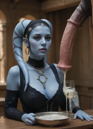 Masterpiece, high resolution, 8k Resolution, equine cock hanging down, equine cock hanging from out of frame, massiv equine cock, cum shot in glass bowl, cum splash, busty blue skinned twi lek from star wars sitting in the jedi temple milking the equine cock in the bowl, massive cumshot out equine penis, focus view on equine cock