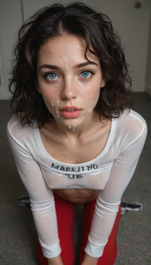 ((25yo cum covered fitness model on her knees)), (girl:1.8), huge cum covered, bukakke, cumshot, cum on face, (black hair), ((skinny face)), ((long black messy after sex hair frames her face)), tousled hair, blue eyes, skinny, perfect body, perfect breasts, looking up at viewer, eye contact, ((wearing a red satin roll neck top with 'cum here' in white writing on front)), long sleeves, surprised, messy updo, red leggings, woman, face, breasts, stomach, covered, in, perfect, facial, pov, tongue, out, open, mouth, closed, eyes, cum, on, cloth, cheekjob, <lora:facialized:.5>