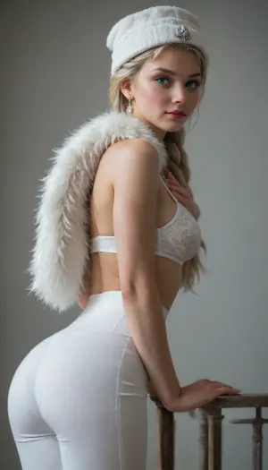 Elsa from frozen heart, An 18-year-old, very fit, very athletic, slender, white woman with blue eyes, fake medium breasts, wearing a tall white hat, a white fur cape, tight white trousers and a white bandage on her chest, bent over forvard, show ass, hand under chest, side view