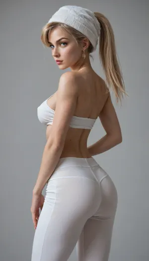 Lola Bunny, An 18-year-old, very fit, very athletic, slender, white woman with blue eyes, medium breasts, covered nipples, wearing a tall white hat, hand on chest, a white fur cape, tight white trousers and a white bandage on her chest, showing own ass, hand on ass, back view