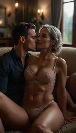 romantic ambient light, (a sexually aroused hot mature wife and muscular 23 years old student), husband shares his wife to please her, 60-year-old mature hot, (thin gray haired mature wife in lingerie kisses her student lover immediately and greedily), (student fervently reaches her pussy with his perfect hand), matured dripping pussy, perfect face, (perfect hands:1.3), perfect cock, elegant living room of a mansion, various emotions, various facial expressions, various perspectives, sucking penis, active movements, 8k, photorealistic, FRESHIDEAS, Real, Photography, 2#, <lora:FRESHIDEAS Real Photography 2#:.5>, <lora:add-detail-xl:.6>, <lora:MJ52:.4>, <lora:Dramatic_penis_SDXL:.8>