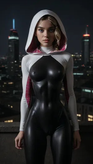 night, clear weather, (((18 years old))), (((young))), (spider girl Gwen Stacy), Braided side Side Cornrows Hair, (tight outfit), (athletic body:1.5), hood on head, (hip gap:1.3), wide hips, (narrow waist:1.5), (blonde with pink strands), (view from front:1.6), climbs to the roof of a high-rise building, (makeup), New York day, ((pussy cameltoe:1.4)), (wet clothes), (makeup:1.2), (oiled skin:1.7), (wet tight bodysuit:1.8), hand, 1girl, (athletic ass), medium natural breast, (high detailed face:1.5), dim lights, (hard nipples:1.3), (chiaroscuro lighting:.3), <lora:HandFineTuning_XL:1>, <lora:MGLRbodysuit_sdxl:.6>, <lora:uberfit_lora_sdxl:.4>, <lora:dark:.3>