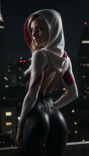 night, clear weather, (((18 years old))), (((young))), (spider girl Gwen Stacy), Braided side Side Cornrows Hair, (tight outfit), athletic body, hood on head, hip gap, (narrow waist:1.3), (blonde with pink strands), (view from behind:1.4), climbs to the roof of a high-rise building, (makeup), New York day, ((pussy cameltoe:.6)), wet clothes, (oiled skin:1.3), (tight bodysuit), hand, 1girl, (athletic ass), medium natural breast, (high detailed face:1.5), dim lights, (hard nipples:.8), rear view, view from behind, (chiaroscuro lighting:.3), <lora:HandFineTuning_XL:1>, <lora:MGLRbodysuit_sdxl:.6>, <lora:uberfit_lora_sdxl:.4>, <lora:dark:.3>