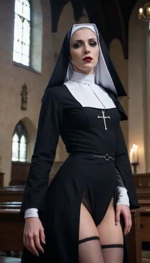 Sexy Italian shameless Ghotic nun. She looking so passionately sexy and shamelessly. Gothic style makup face, inthe church. Black gothic shamelessly sexy nun lingerie. Full body view. İn the horrible dark church. Long angle shot view. İn this scene fully and clearly visible nuns full body