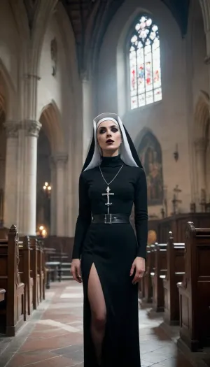 Sexy Italian shameless Ghotic nun. She looking so passionately sexy and shamelessly. Gothic style makup face, inthe church. Black gothic nun lingerie. Full body view. Long angle shot view. İn this scene fully and clearly visible nuns full body