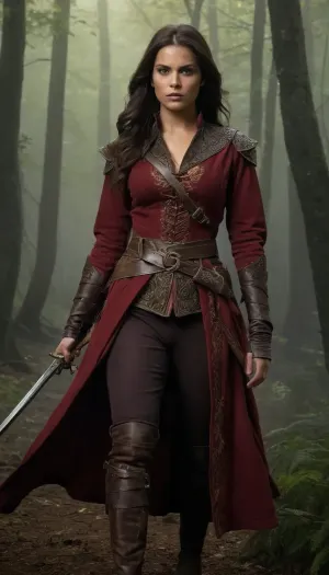 A semi-realistic fantasy portrait of Ezmerelda d’Avenir, a striking Vistana monster hunter in her late twenties. She has long dark hair with streaks of color, (often tied back for practicality), piercing brown eyes, and a confident, fiery expression. Ezmerelda wears a rich, colorful Vistani-inspired outfit layered with practical monster-hunting gear — a fitted crimson coat with gold embroidery, leather armor underneath, a flowing sash at her waist, and tall boots. She carries a rapier at her side and silvered throwing axes at her belt. One of her legs is a finely crafted prosthetic made of dark wood and metal, giving her a unique, battle-hardened presence. The background shows a misty Barovian forest with faint torchlight or a ruined Gothic structure, hinting at her dangerous life. Dramatic, painterly lighting highlights her fierce independence and determination.