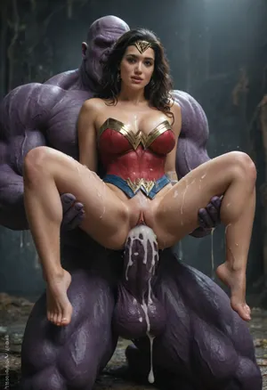 Wonder Woman, wear costume like movie, sex with giant Thanos, hypermuscular Thanos, giant massive gigantic cock, cum everywhere, cum overflow, impossible fit in vagina, detailed background